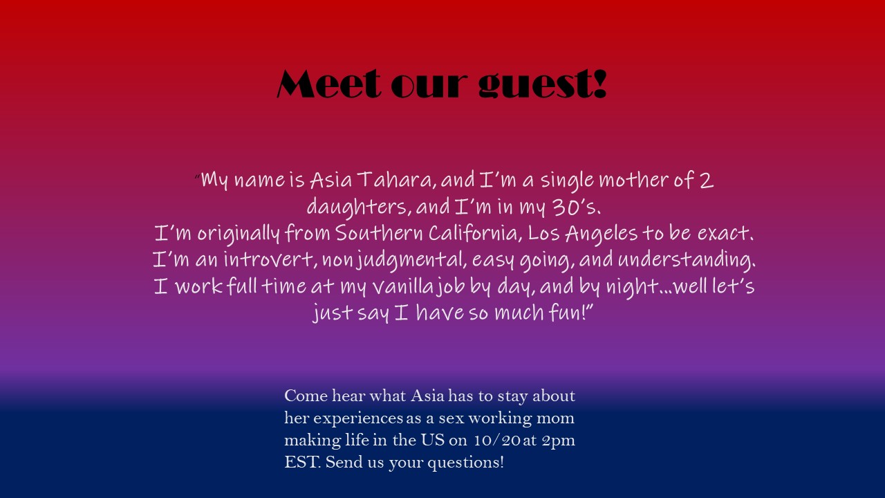 Gradient background with text introducing Asia Tahara who will be guest on IG Live