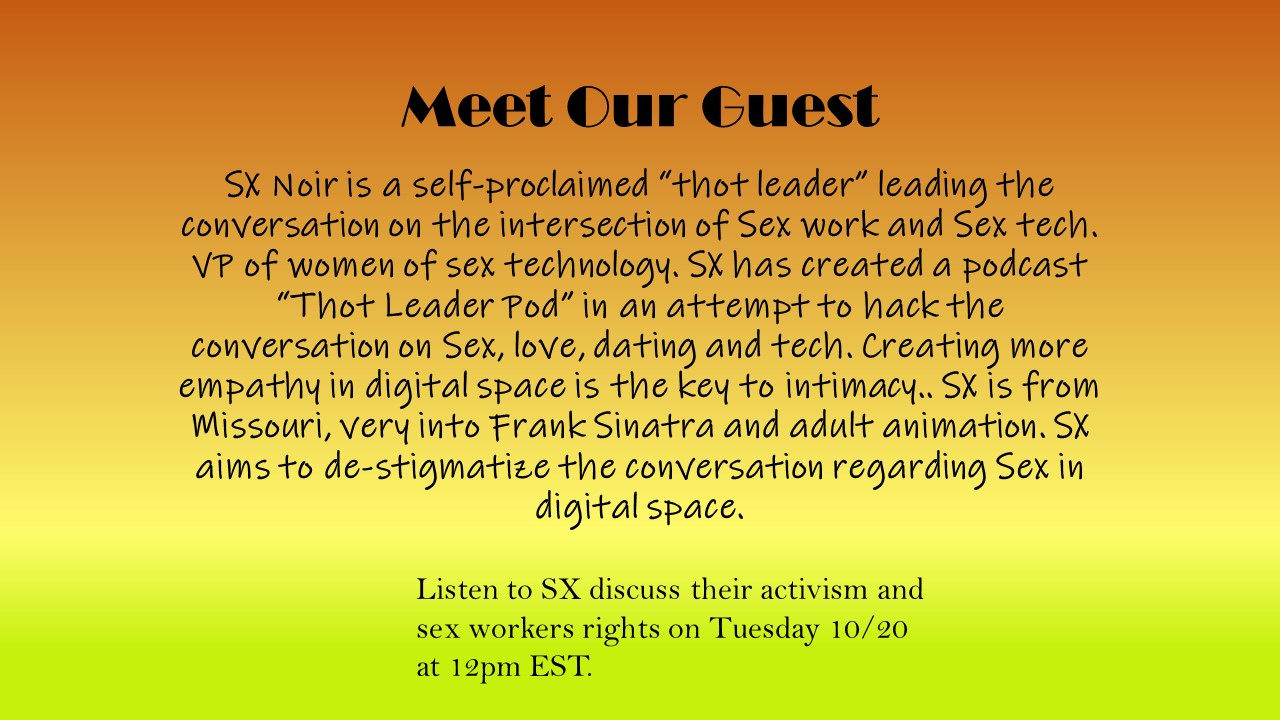 Gradient background with text introducing Sx Noir who will be guest on IG Live